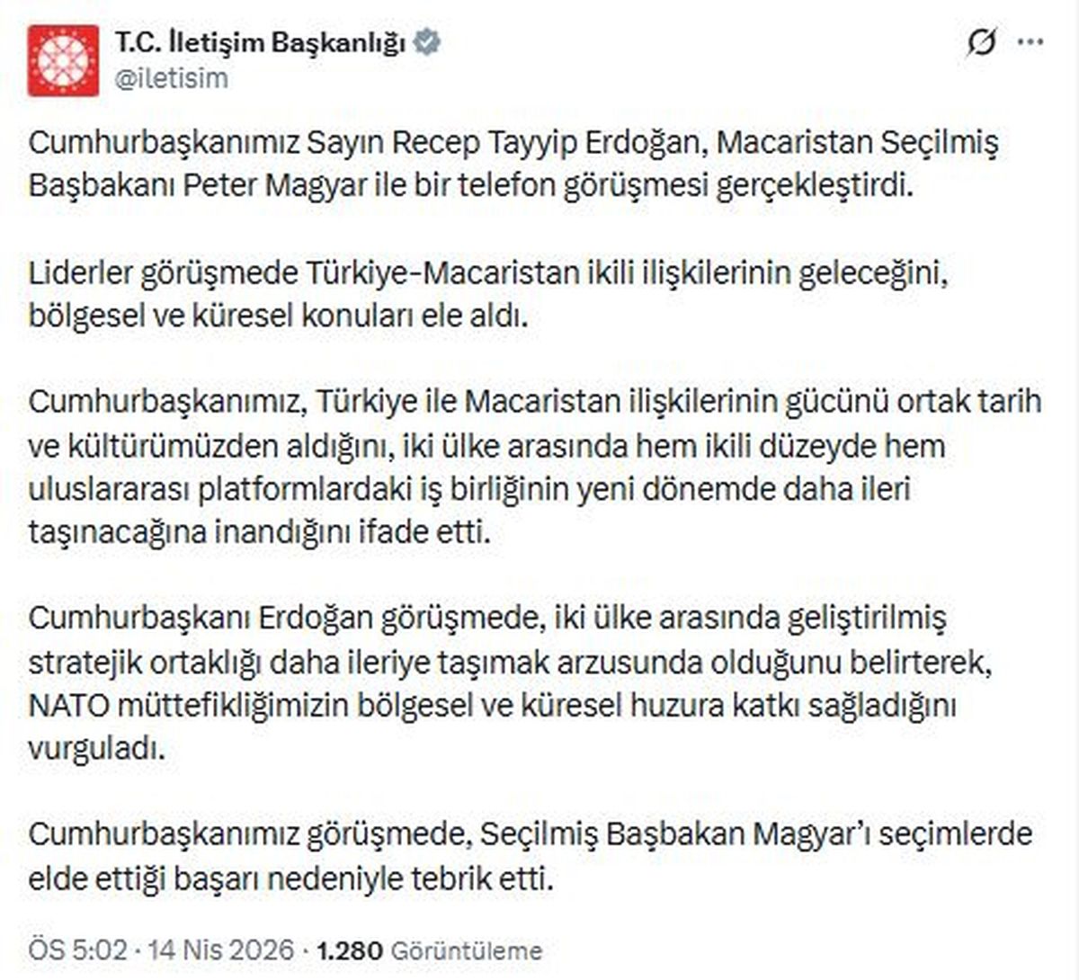 Cumhurbaşkanı Erdoğan, Macaristan’ın Yeni Başbakanı ile Telefon Görüşmesi Gerçekleştirdi